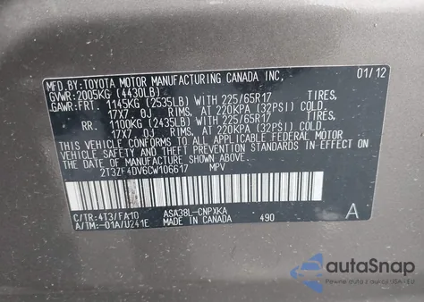 2012 Toyota Rav4 z USA, uszkodzony, nr VIN 2T3ZF4DV6CW106617